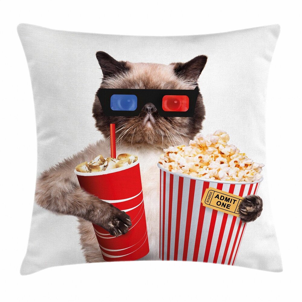 2783 Movie Theater Throw Pillow Cushion Cover, Cat with Popcorn and Drink
